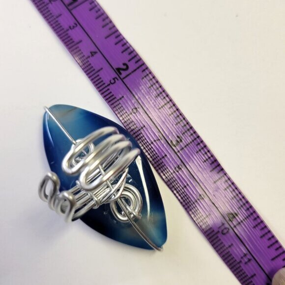 Huge Blue Agate Ring Adjustable Band Handmade Semi Precious Ring Oval Agate Ring - Picture 6 of 10
